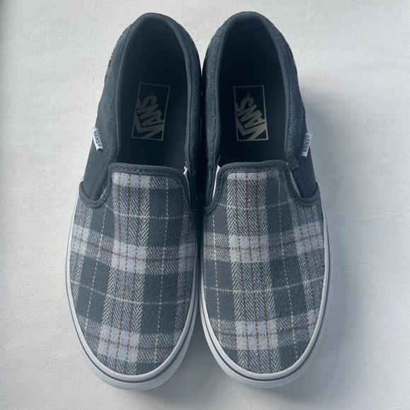 Vans Charcoal and White Plaid Slip-On Shoes - Picture 1 of 4